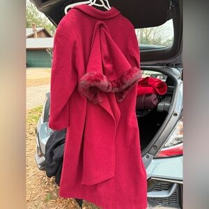 Vintage Red Coat with Hooded Scarf Attachment